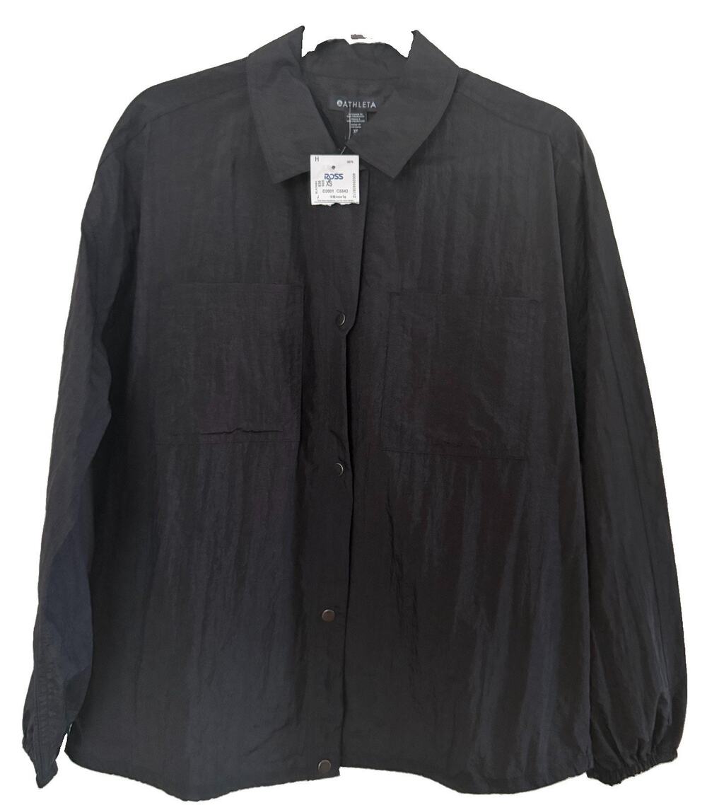 Athleta Women's Black Crinkle Nylon Utility Snap Button Down Shirt X-Small NWT